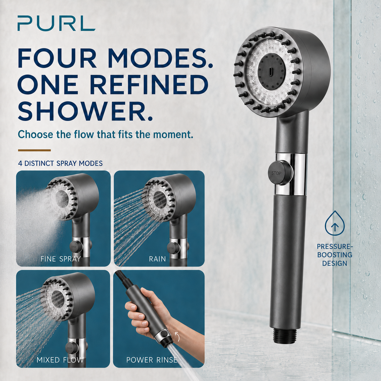 Purl™ Filtered Shower Head — High-Pressure Boost + Hard Water Filter