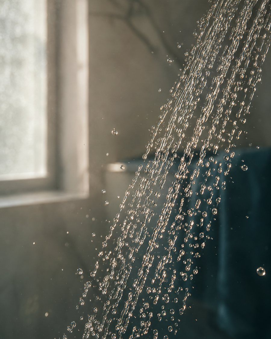 Water falling from a shower in a bright bathroom